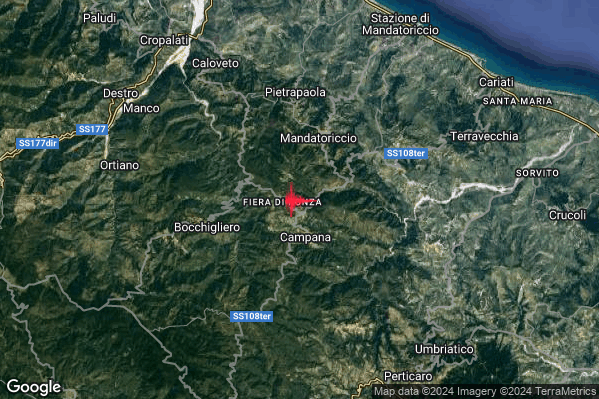 Debole Terremoto M2.4 epicentro 3 km NW Campana (CS) alle 10:31:39 (08:31:39 UTC)