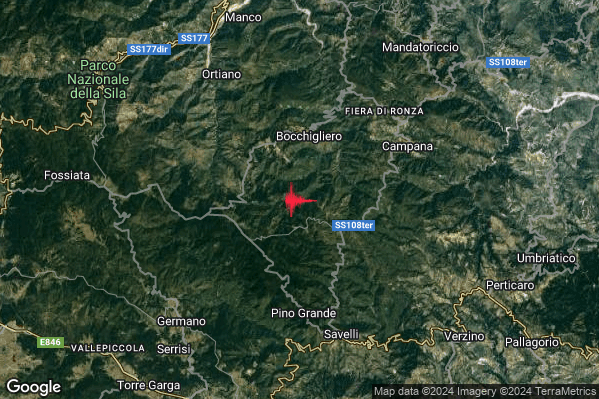 Lieve Terremoto M2.1 epicentro 4 km S Bocchigliero (CS) alle 13:00:21 (11:00:21 UTC)