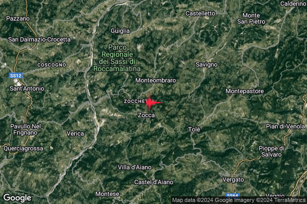 Lieve Terremoto M2.0 epicentro 1 km NE Zocca (MO) alle 16:34:45 (14:34:45 UTC)