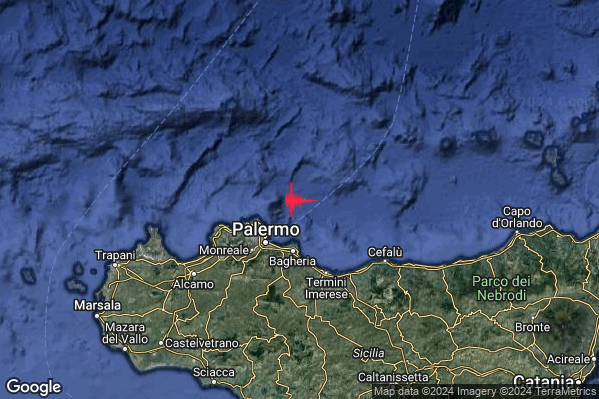 Debole Terremoto M2.3 epicentro Costa Siciliana centro-settentrionale (Palermo) alle 22:23:27 (20:23:27 UTC)