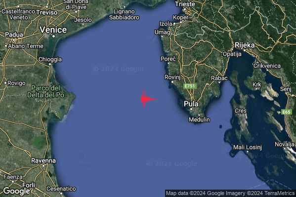 Debole Terremoto M2.4 epicentro Adriatico Settentrionale (MARE) alle 02:47:10 (00:47:10 UTC)