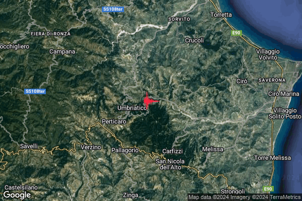 Debole Terremoto M2.6 epicentro 2 km E Umbriatico (KR) alle 15:57:55 (13:57:55 UTC)