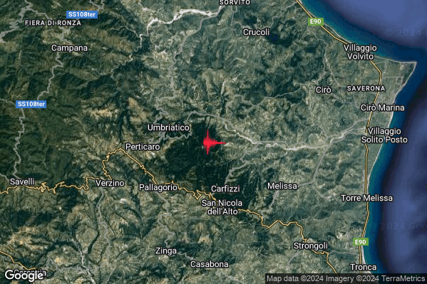 Moderato Terremoto M3.3 epicentro 4 km E Umbriatico (KR) alle 16:05:14 (14:05:14 UTC)