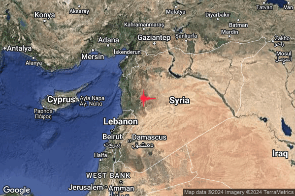 Severo Terremoto M5.4 epicentro Jordan - Syria region [Land: Syria] alle 22:56:01 (20:56:01 UTC)