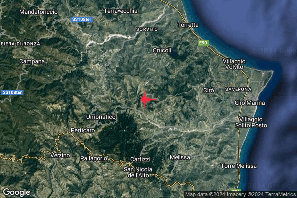 Debole Terremoto M2.7 epicentro 6 km E Umbriatico (KR) alle 23:05:36 (21:05:36 UTC)