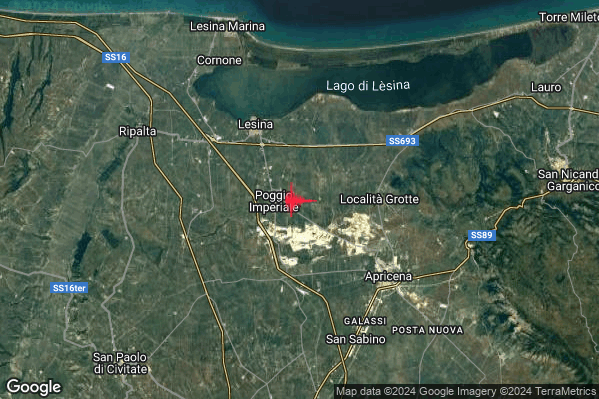 Debole Terremoto M2.3 epicentro 1 km E Poggio Imperiale (FG) alle 12:40:16 (10:40:16 UTC)