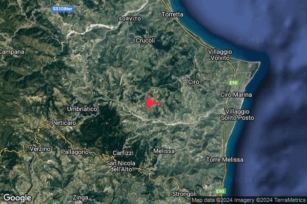 Debole Terremoto M2.3 epicentro 5 km SW Ciro (KR) alle 01:24:39 (23:24:39 UTC)