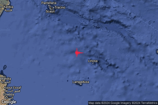 Debole Terremoto M2.6 epicentro Canale di Sicilia meridionale (MARE) alle 22:37:31 (20:37:31 UTC)