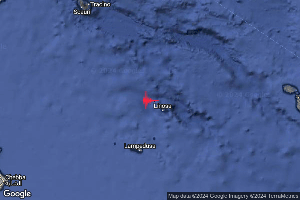 Debole Terremoto M2.5 epicentro Canale di Sicilia meridionale (MARE) alle 00:18:45 (22:18:45 UTC)