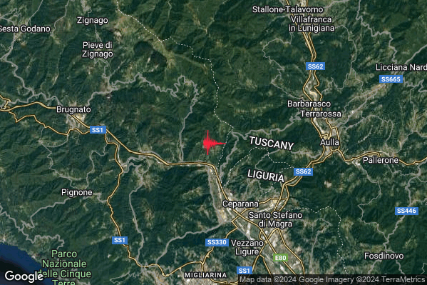 Debole Terremoto M2.5 epicentro 4 km SE Calice al Cornoviglio (SP) alle 02:43:42 (00:43:42 UTC)