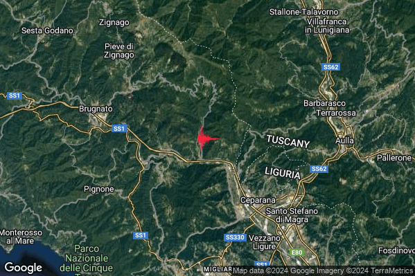 Lieve Terremoto M2.1 epicentro 3 km S Calice al Cornoviglio (SP) alle 05:23:00 (03:23:00 UTC)