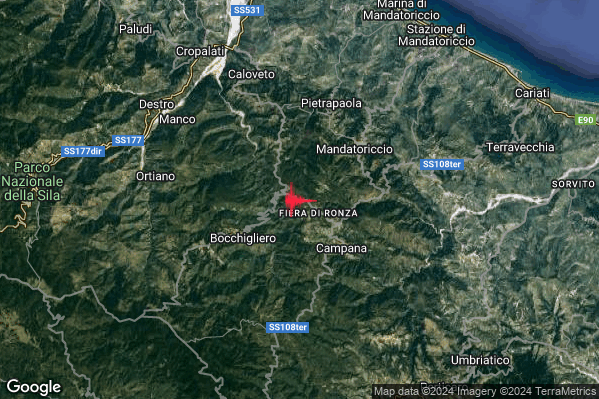 Debole Terremoto M2.3 epicentro 4 km NE Bocchigliero (CS) alle 02:12:55 (00:12:55 UTC)