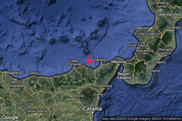 Debole Terremoto M2.6 epicentro Costa Siciliana nord-orientale (Messina) alle 10:36:51 (08:36:51 UTC)