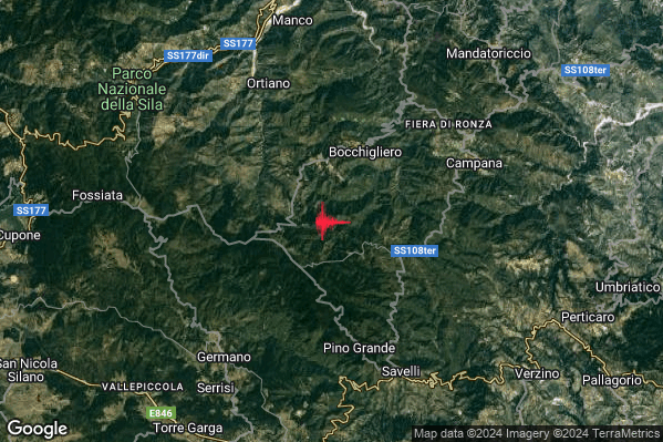 Lieve Terremoto M2.2 epicentro 4 km SW Bocchigliero (CS) alle 10:54:06 (08:54:06 UTC)