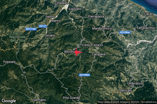 Debole Terremoto M2.5 epicentro 1 km E Bocchigliero (CS) alle 13:29:52 (11:29:52 UTC)