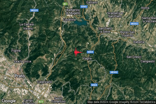 Leggero Terremoto M3.2 epicentro 3 km NW Vaglia (FI) alle 22:19:47 (20:19:47 UTC)