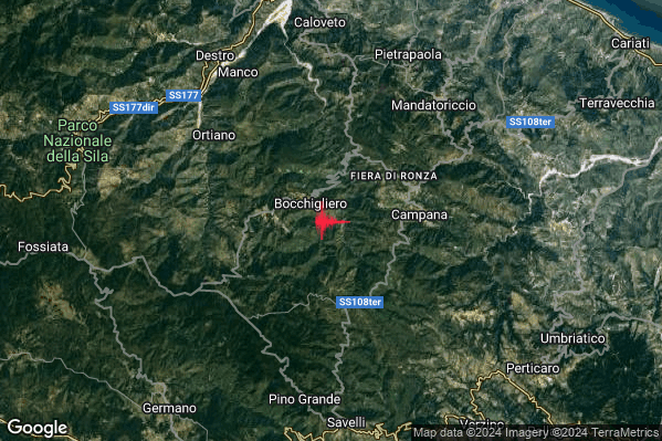 Debole Terremoto M2.4 epicentro 1 km SE Bocchigliero (CS) alle 00:14:24 (22:14:24 UTC)