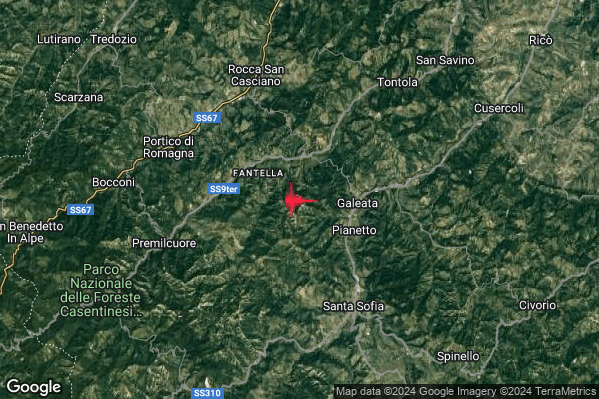 Leggero Terremoto M3.0 epicentro 3 km W Galeata (FC) alle 01:30:49 (23:30:49 UTC)