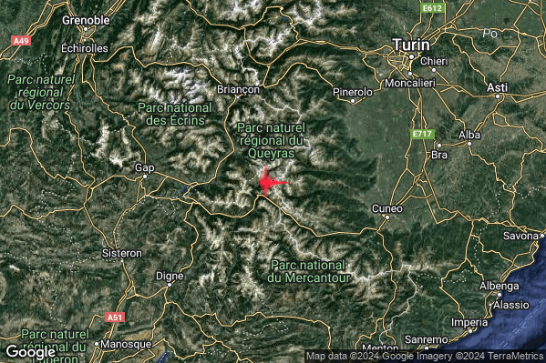 Debole Terremoto M2.3 epicentro Confine Italia-Francia (FRANCIA) alle 10:02:22 (08:02:22 UTC)