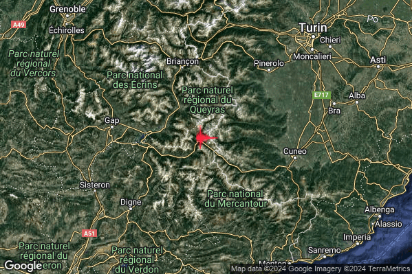 Debole Terremoto M2.7 epicentro Confine Italia-Francia (FRANCIA) alle 12:04:35 (10:04:35 UTC)