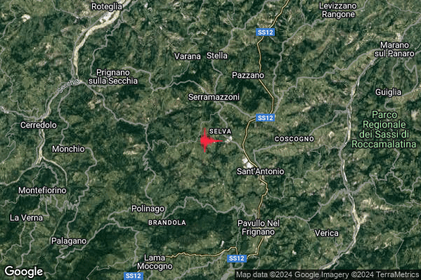 Debole Terremoto M2.3 epicentro 3 km S Serramazzoni (MO) alle 15:58:05 (13:58:05 UTC)