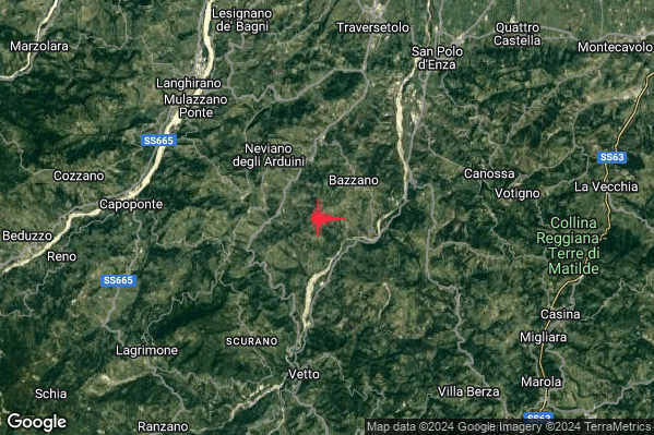 Debole Terremoto M2.3 epicentro 4 km SE Neviano degli Arduini (PR) alle 15:44:53 (13:44:53 UTC)