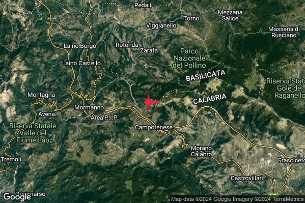 Debole Terremoto M2.7 epicentro 7 km SE Rotonda (PZ) alle 22:01:45 (20:01:45 UTC)