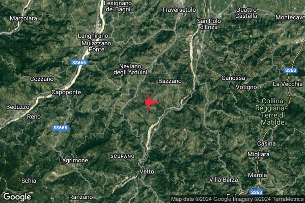 Debole Terremoto M2.3 epicentro 4 km SE Neviano degli Arduini (PR) alle 22:04:30 (20:04:30 UTC)