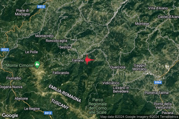 Debole Terremoto M2.4 epicentro 2 km E Fanano (MO) alle 02:53:35 (00:53:35 UTC)