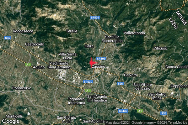 Debole Terremoto M2.7 epicentro 1 km NW Cassino (FR) alle 09:53:52 (07:53:52 UTC)