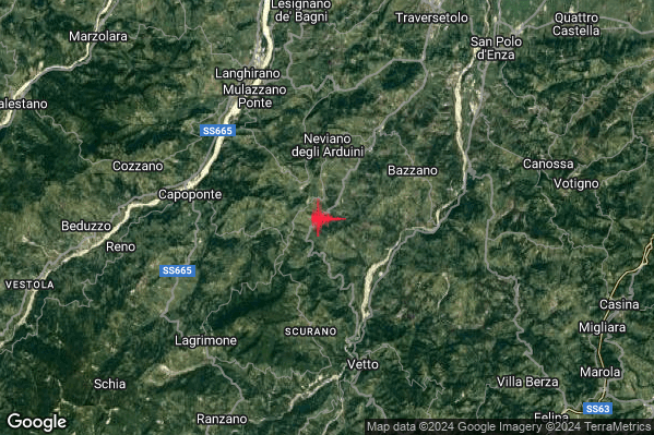 Lieve Terremoto M2.1 epicentro 4 km S Neviano degli Arduini (PR) alle 23:37:16 (21:37:16 UTC)