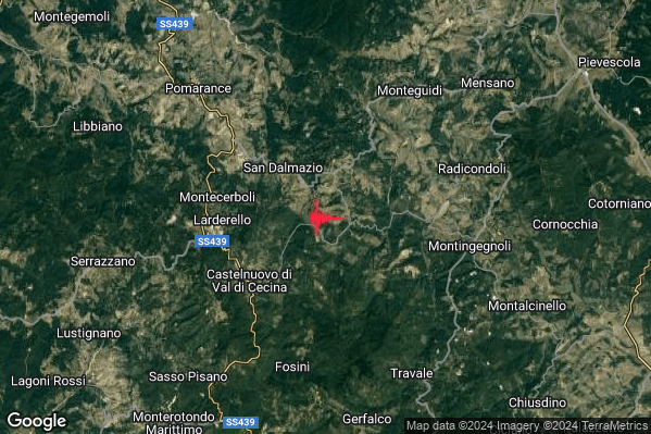 Debole Terremoto M2.3 epicentro 5 km NE Castelnuovo di Val di Cecina (PI) alle 11:12:13 (09:12:13 UTC)