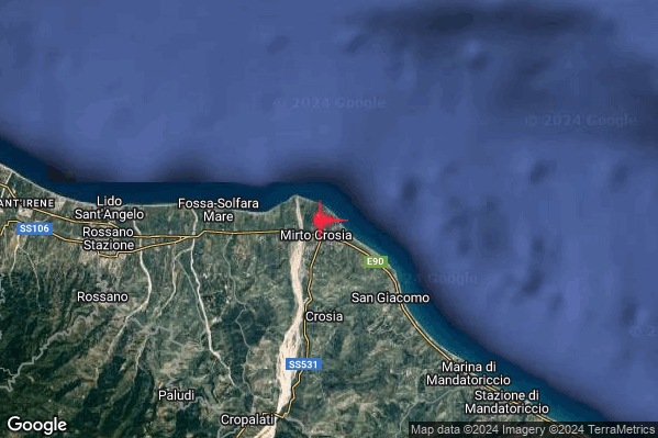 Debole Terremoto M2.3 epicentro 5 km N Crosia (CS) alle 18:25:06 (16:25:06 UTC)