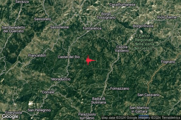 Leggero Terremoto M2.9 epicentro 4 km E Castel del Rio (BO) alle 06:35:35 (04:35:35 UTC)