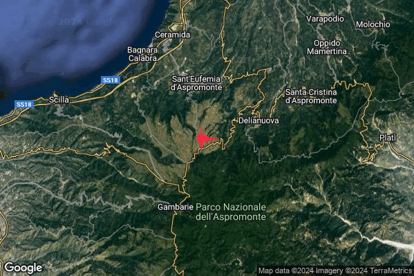 Debole Terremoto M2.7 epicentro 5 km S Sant'Eufemia d'Aspromonte (RC) alle 06:57:26 (04:57:26 UTC)