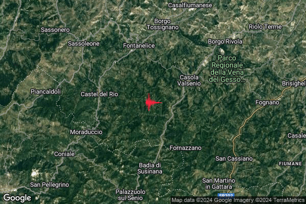 Debole Terremoto M2.5 epicentro 4 km SW Casola Valsenio (RA) alle 13:36:55 (11:36:55 UTC)