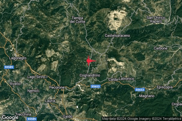 Lieve Terremoto M2.0 epicentro 7 km SW Castelsaraceno (PZ) alle 21:58:44 (19:58:44 UTC)