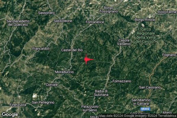 Lieve Terremoto M2.2 epicentro 4 km SE Castel del Rio (BO) alle 03:34:32 (01:34:32 UTC)