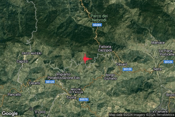 Lieve Terremoto M2.1 epicentro 6 km W San Teodoro (ME) alle 20:01:03 (18:01:03 UTC)