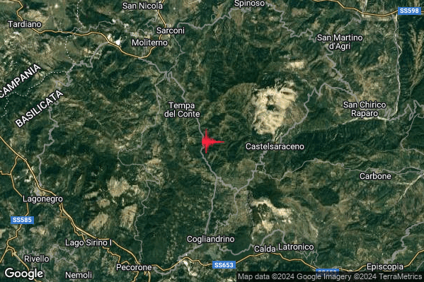 Debole Terremoto M2.5 epicentro 5 km W Castelsaraceno (PZ) alle 01:49:35 (23:49:35 UTC)