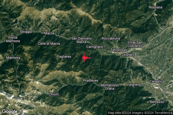 Debole Terremoto M2.3 epicentro 3 km SW Cartignano (CN) alle 14:58:59 (12:58:59 UTC)