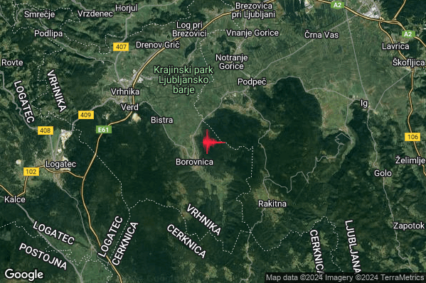 Debole Terremoto M2.4 epicentro Slovenia (SLOVENIA) alle 12:27:15 (10:27:15 UTC)