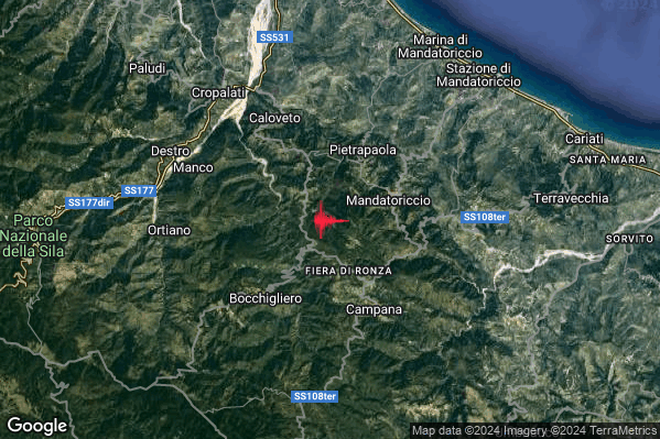 Debole Terremoto M2.3 epicentro 4 km SW Pietrapaola (CS) alle 03:47:18 (01:47:18 UTC)