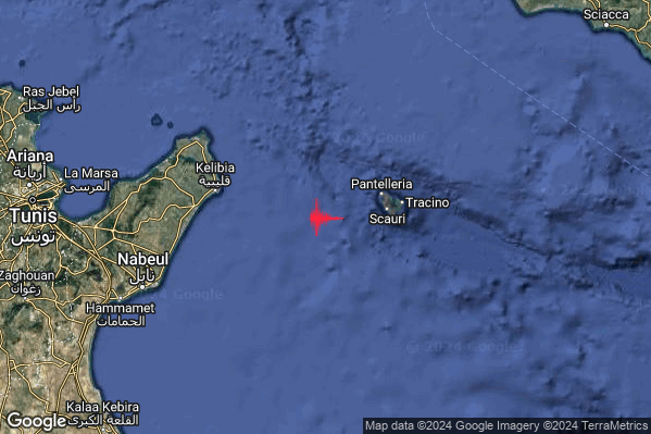 Debole Terremoto M2.3 epicentro Canale di Sicilia meridionale (MARE) alle 01:35:35 (23:35:35 UTC)