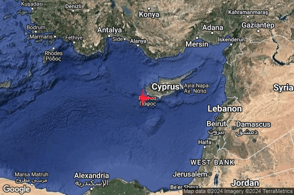 Forte Terremoto M4.8 epicentro Cyprus region [Sea: Cyprus] alle 23:29:55 (21:29:55 UTC)