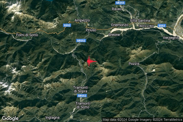 Leggero Terremoto M3.0 epicentro 5 km NE Tramonti di Sopra (PN) alle 00:25:09 (22:25:09 UTC)