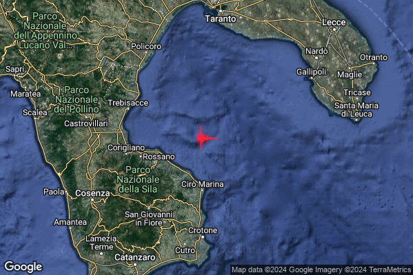 Leggero Terremoto M2.8 epicentro Mar Ionio Settentrionale (MARE) alle 01:36:28 (23:36:28 UTC)