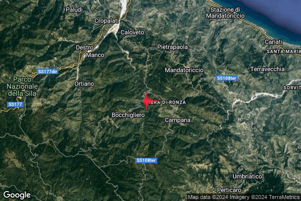 Debole Terremoto M2.4 epicentro 3 km NE Bocchigliero (CS) alle 05:29:41 (03:29:41 UTC)