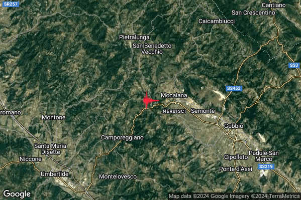 Lieve Terremoto M2.2 epicentro 7 km S Pietralunga (PG) alle 23:13:19 (21:13:19 UTC)