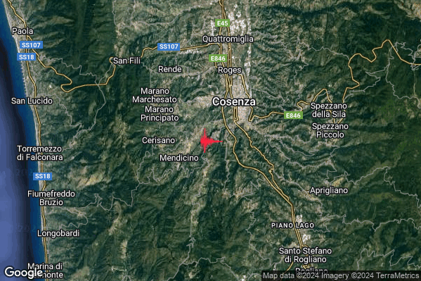 Debole Terremoto M2.3 epicentro 3 km N Carolei (CS) alle 02:07:56 (00:07:56 UTC)